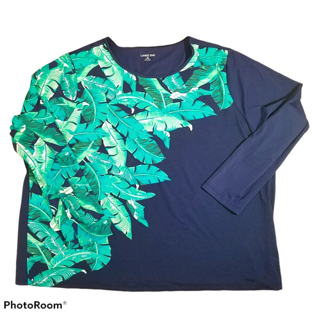 Lands' End Navy Swim Coverup with Green Tropical Leaf Print
